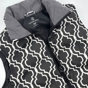 Lands End Women Quilted Down Filled Puffer Vest Black White Trellis Pattern XS P
